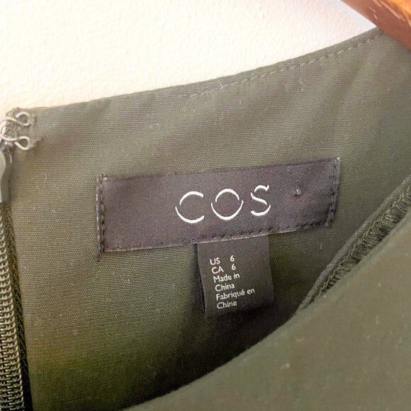 COS Army Green Asymmetrical Hem Gathered Circle A-Line Dress, Size 6 - Picture 6 of 7